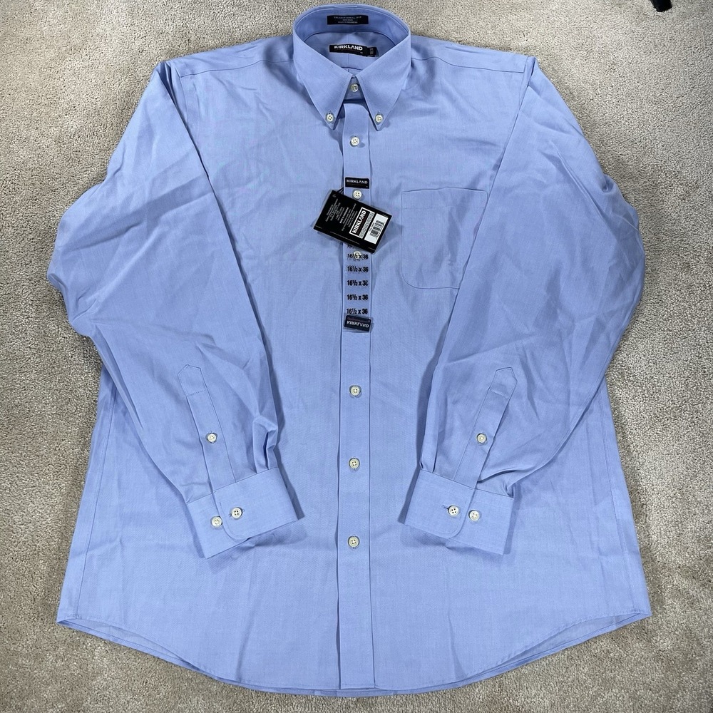 Kirkland‎ Men's Traditional Fit Non-Iron Dress Shirt, Blue, Size 16.5-36 NWT